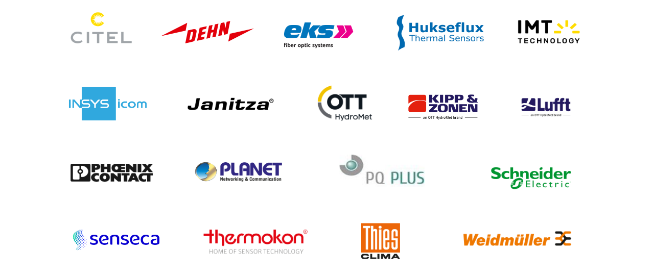 Logo overview of our partners: CITEL, DEHN, EKS, Hukseflux, IMT Technology, INSYS icom, Janitza, OTT Hydromet, Kipp & Zonen, Lufft, Phoenix Contact, Planet, PQ Plus, Schneider Electric, senseca, Thermokon, Thies Clima, Weidm&uuml;ller